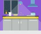 Flat Kitchen Interior with Window Vector Illustration