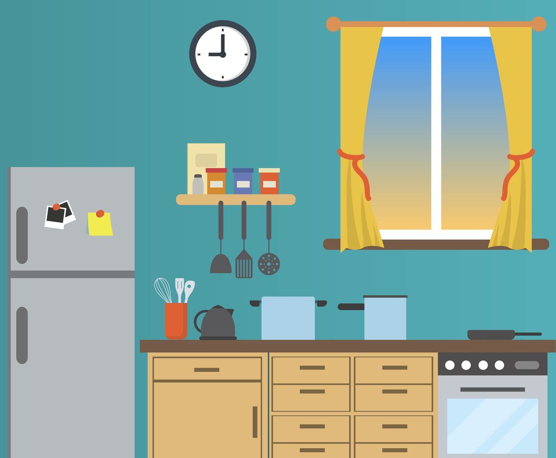 Flat Kitchen With Window View Vector Illustration