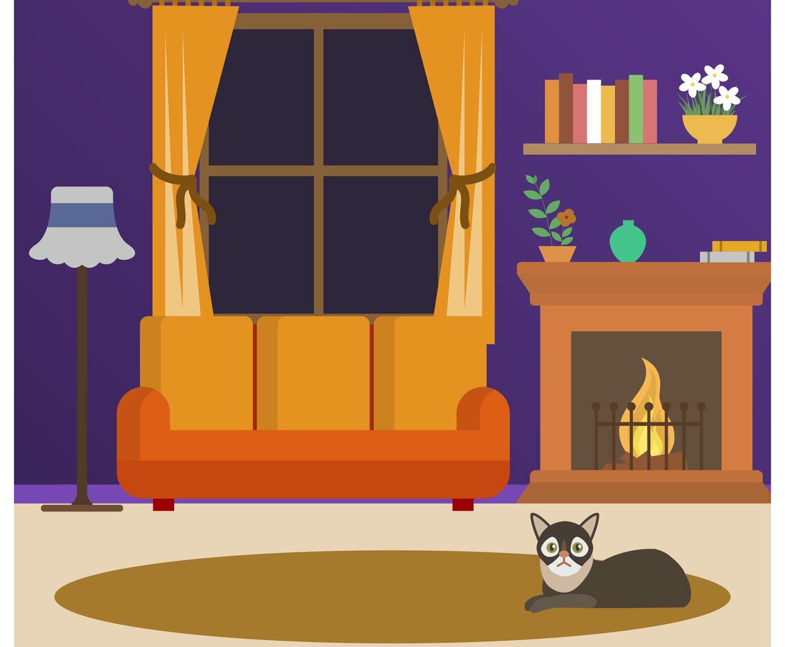 Flat Cat Sit Down in Front of Fireside Vector Illustration