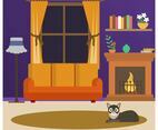 Flat Cat Sit Down in Front of Fireside Vector Illustration