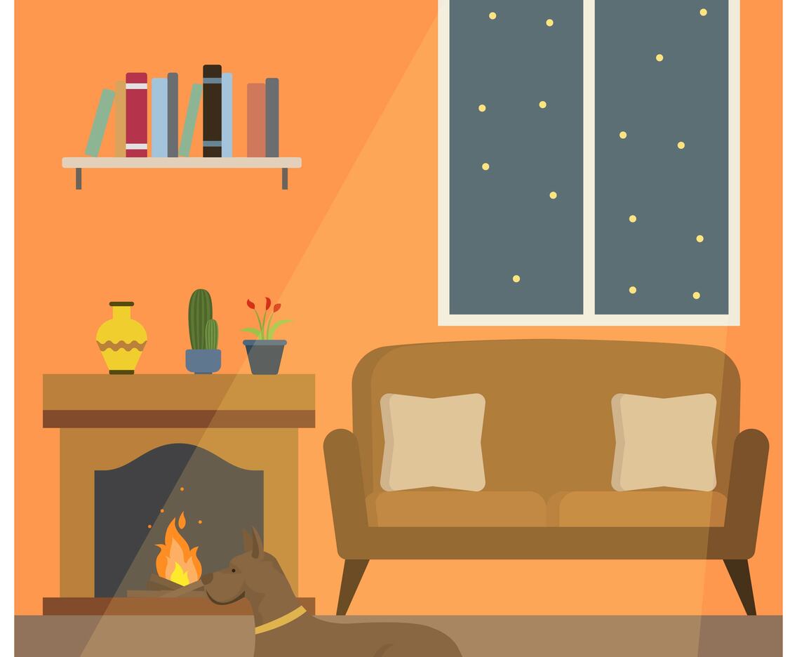 Flat Dog Sit Down in Front of Fireside Vector Illustration