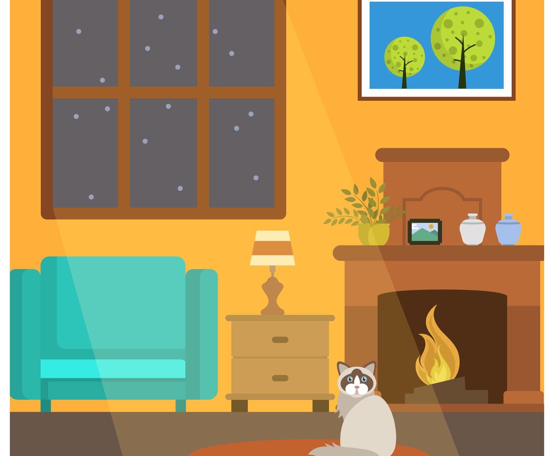 Flat Cute Cat Sit Down in Front of Fireside Vector Illustration