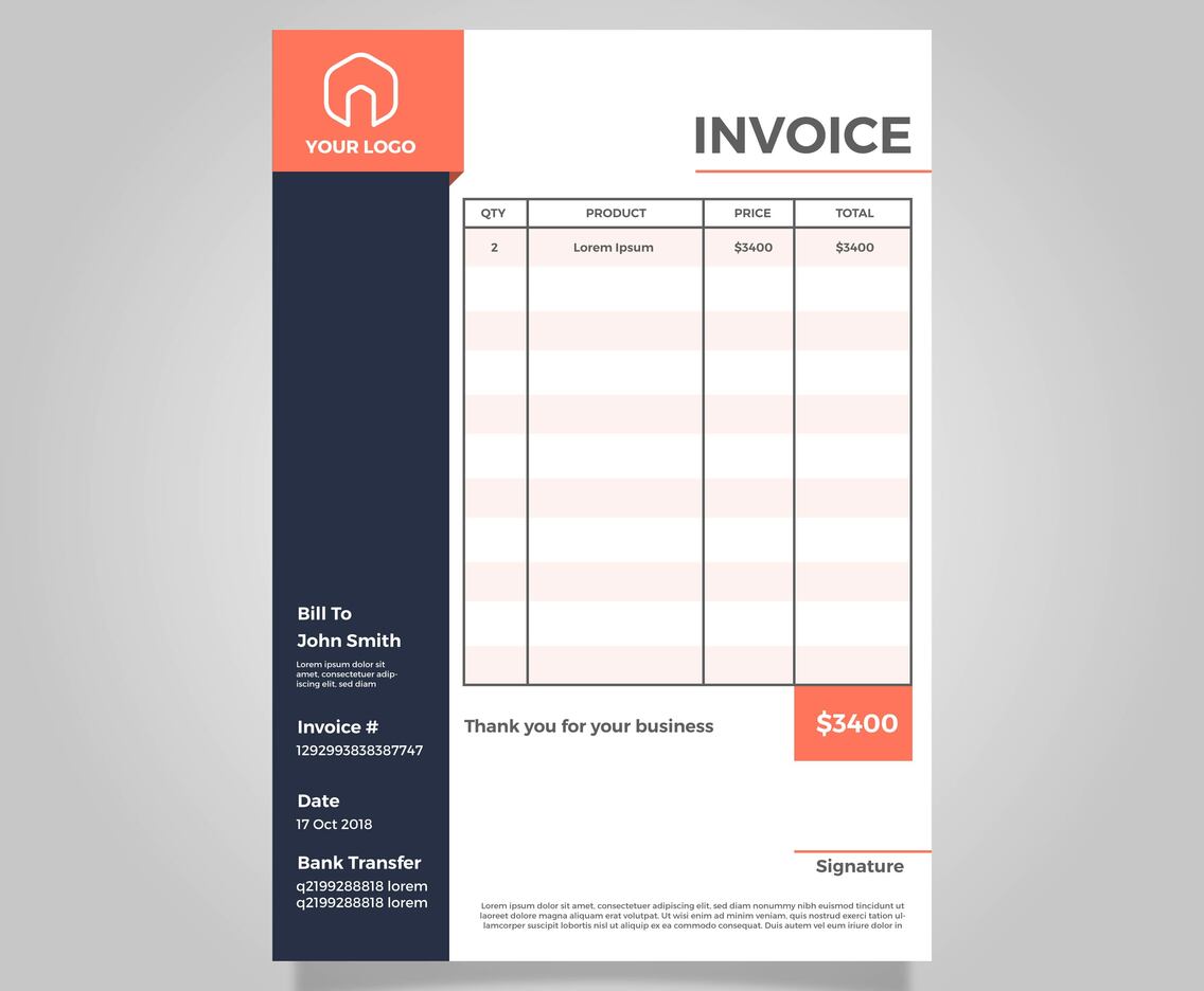 Flat Modern Minimalist Invoice Vector Template