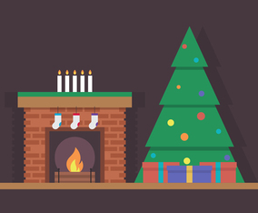 Festive Christmas Tree And Decorated Fireplace On Dark Background Illustration
