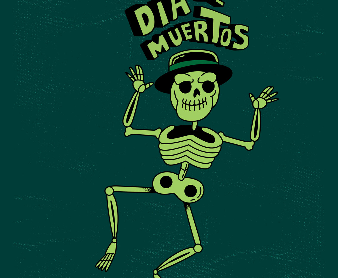 Cute Skeletons Dance Isolated On Dark Grunge Background