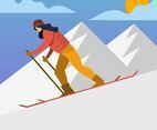 Flat Woman Skier in Action Vector Illustration