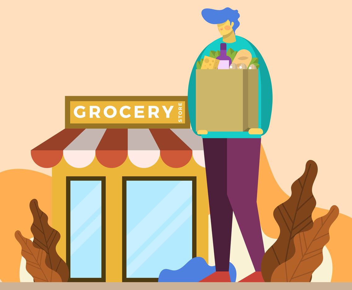 Flat Man Shopping at Grocery Store Vector Illustration