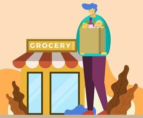 Flat Man Shopping at Grocery Store Vector Illustration