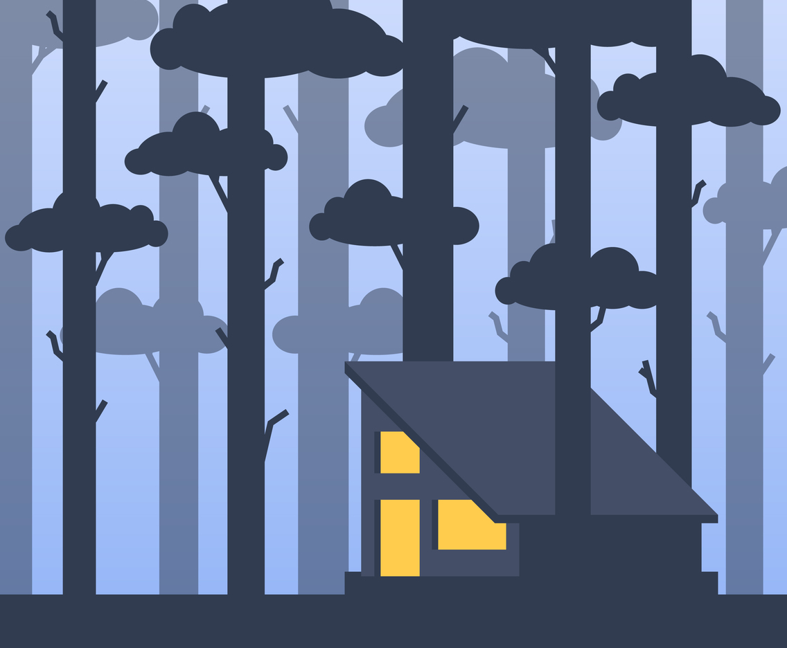 Modern Warm Cabin In A Middle Of A Tall Forest Trees Illustration