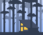 Modern Warm Cabin In A Middle Of A Tall Forest Trees Illustration