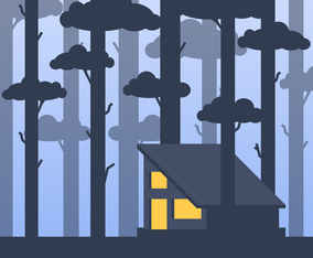 Modern Warm Cabin In A Middle Of A Tall Forest Trees Illustration