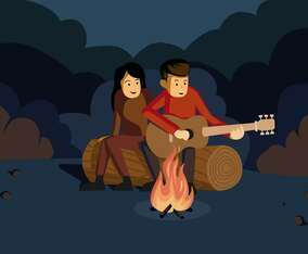 Music Around Campfire Vector Illustration