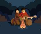 Music Around Campfire Vector Illustration