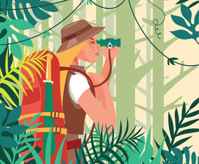 Woman Walking in the Jungle Holding Knife and Binoculars