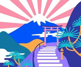 Japanesse Mountain Landscape Pop Color Vector