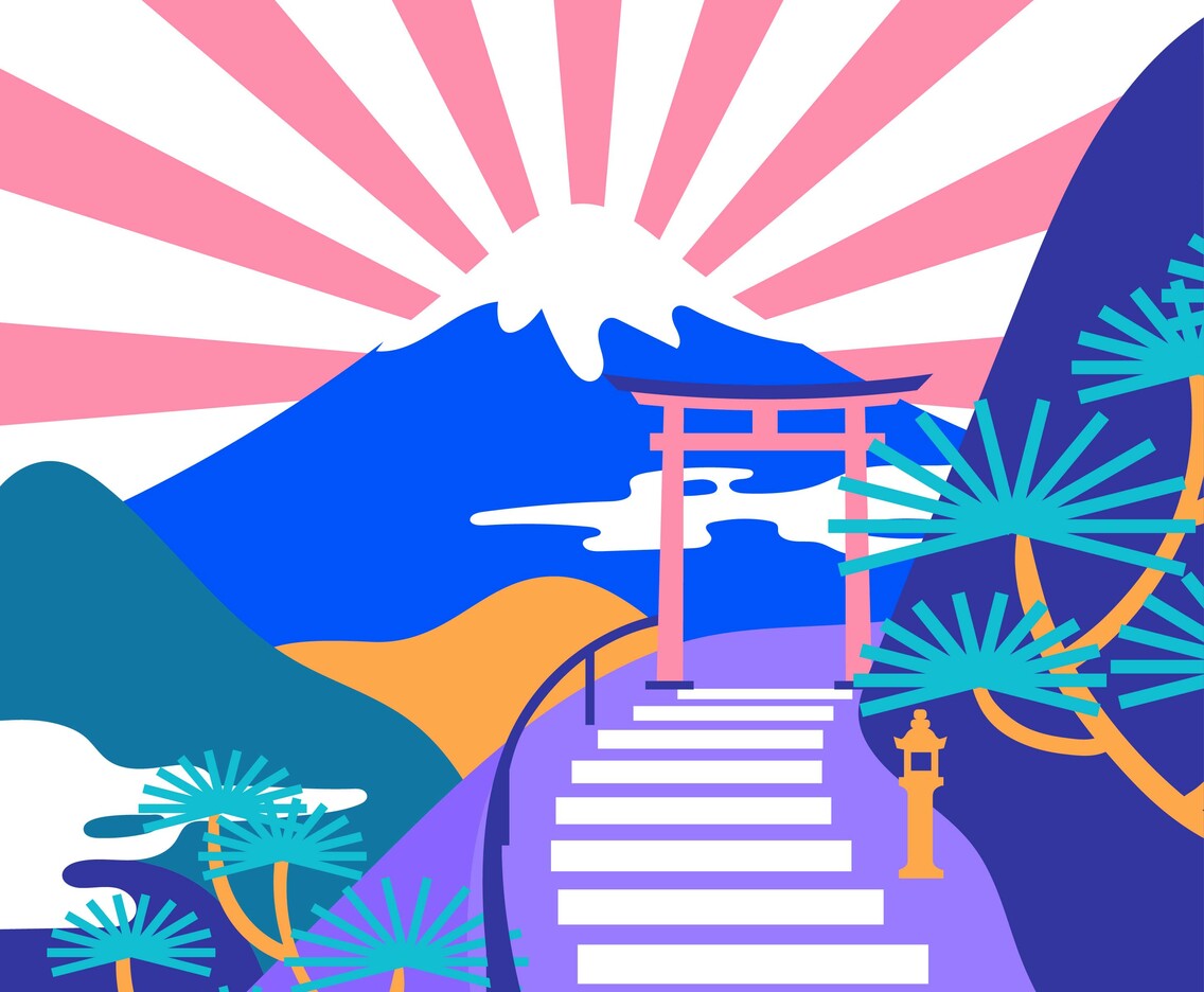 Japanesse Mountain Landscape Pop Color Vector