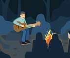 Music Around Campfire Vector Illustration