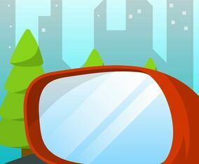 Flat Left Rear View Mirror Of Car with City Skyline Background Vector Illustration