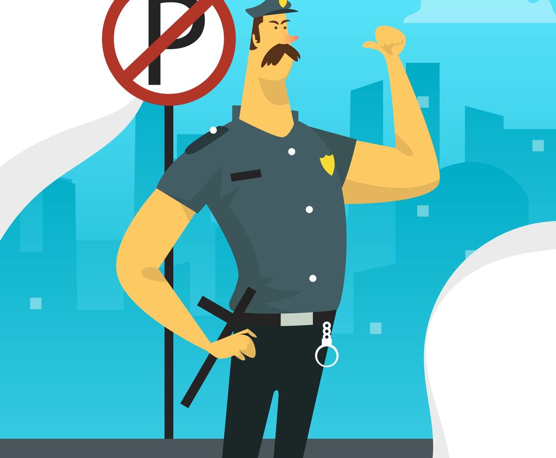 Flat Police Officer Character with Parking Sign Vector Illustration