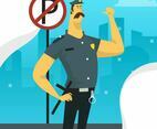 Flat Police Officer Character with Parking Sign Vector Illustration