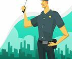 Flat Police Officer Character with City Skyline Background Vector Illustration