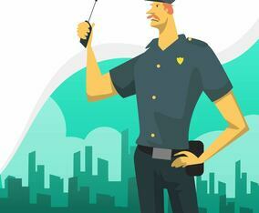 Flat Police Officer Character with City Skyline Background Vector Illustration