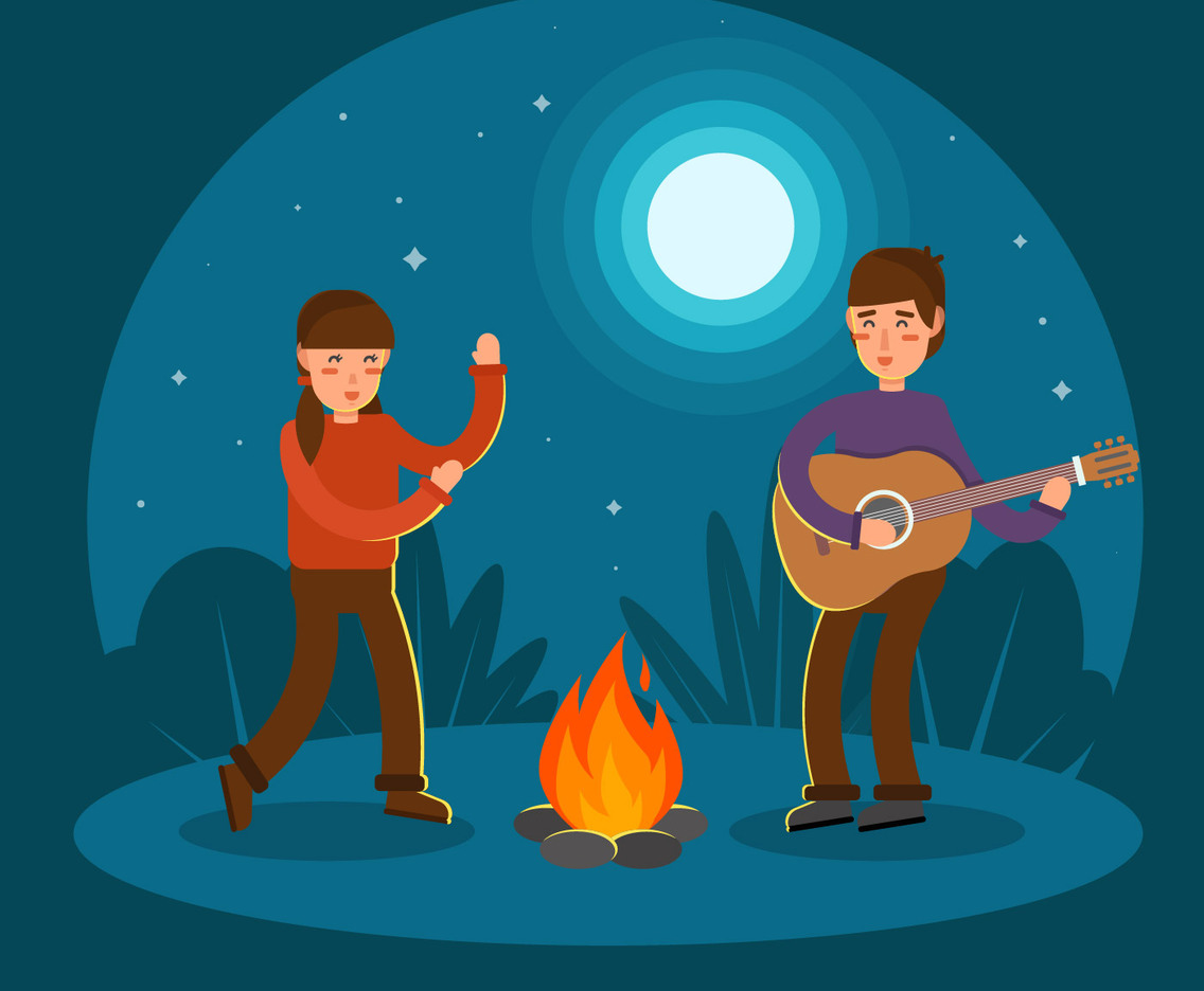 Young Couple  Playing Guitar and Dancing at Campfire
