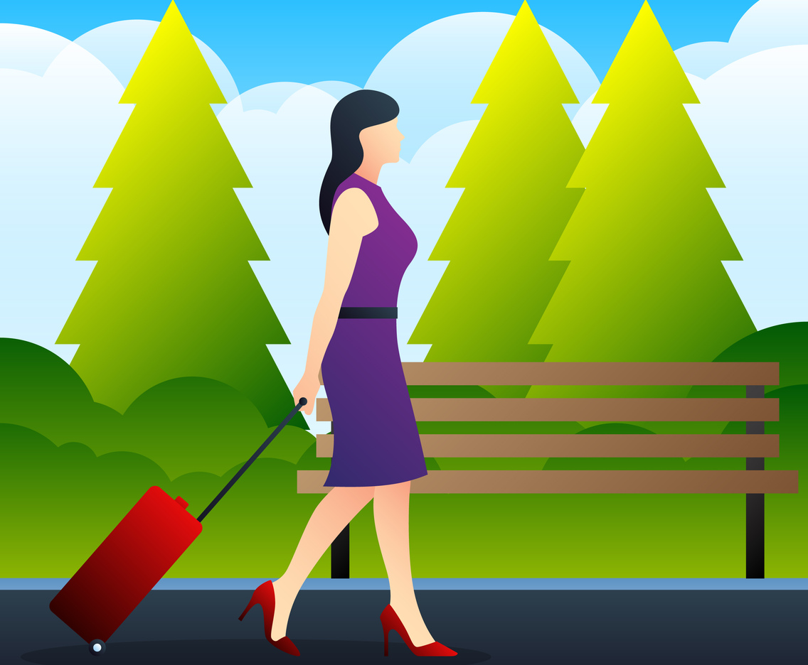 Young Elegant Woman With Luggage Suitcase Illustration