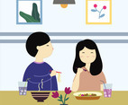 Cute Couple Eating at Restaurant Vector
