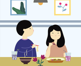 Cute Couple Eating at Restaurant Vector