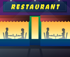 Couples Eating And Talking In Restaurant Or Coffee Shop Illustration