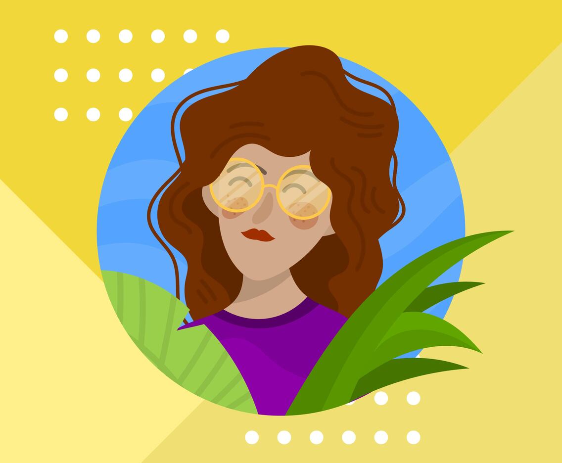 Flat Girl With Red Wavy Hair And Glasses Character Vector Illustration