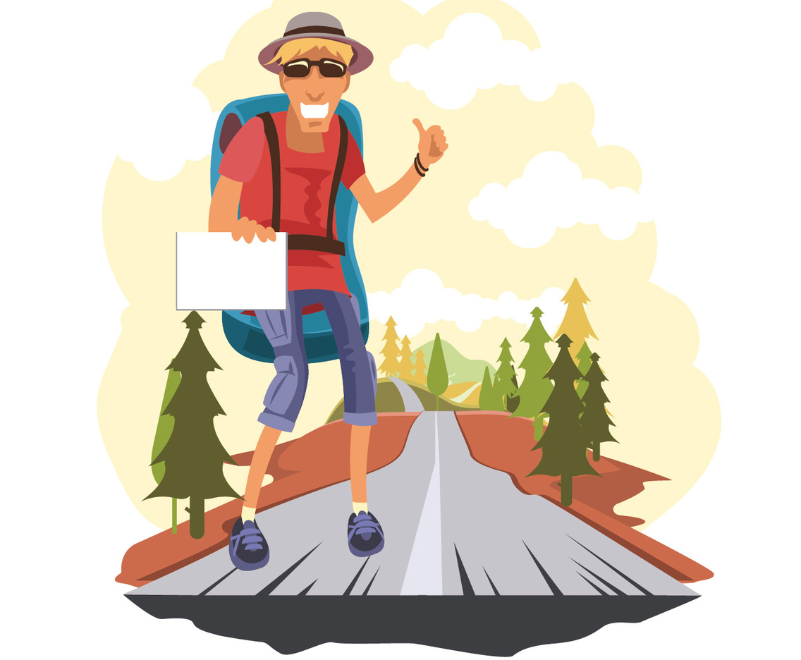 Man Hitch Hikers Characters with Backpack Trying Stop Car Highway Road