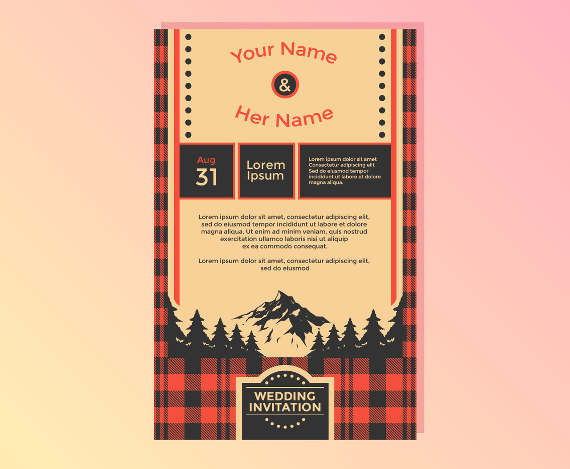 Buffalo Plaid Wedding Invitation Template Vector