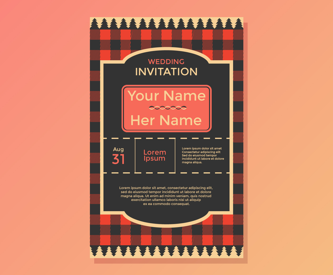 Buffalo Plaid Wedding Invitation Vector