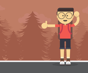 Hitch Hiker Illustration. Young Man character for hitch hiking trip.