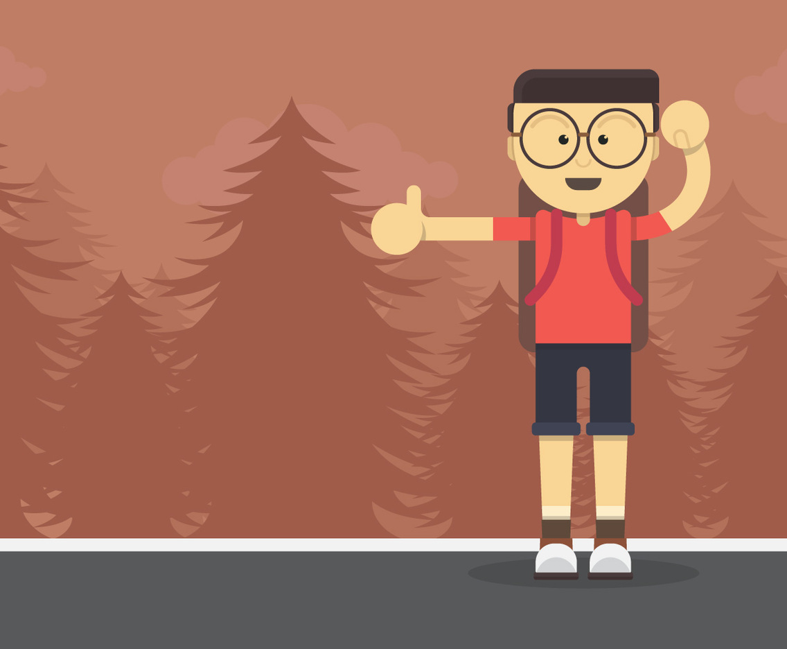 Hitch Hiker Illustration. Young Man character for hitch hiking trip.