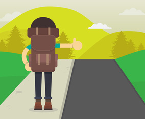 Hitch Hiker Illustration. Young Man character for hitch hiking trip. Hitch Hiker from Back View.