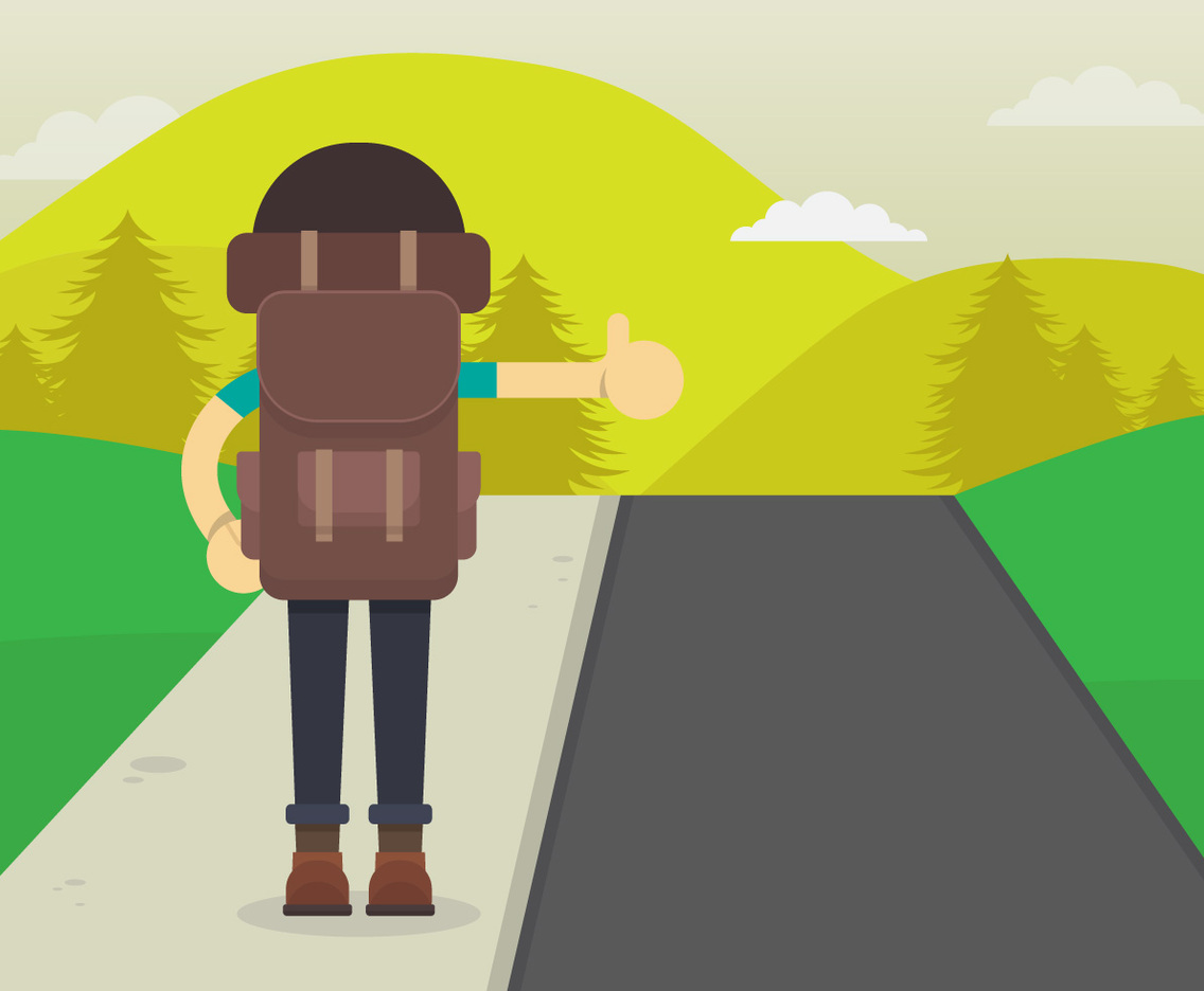 Hitch Hiker Illustration. Young Man character for hitch hiking trip. Hitch Hiker from Back View.