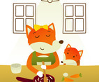 Mom and Baby Fox Cooking Dinner Vector Illustration