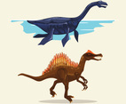 Colored illustrations of different dinosaurs types. Plesiosaurus and Spinosaurus