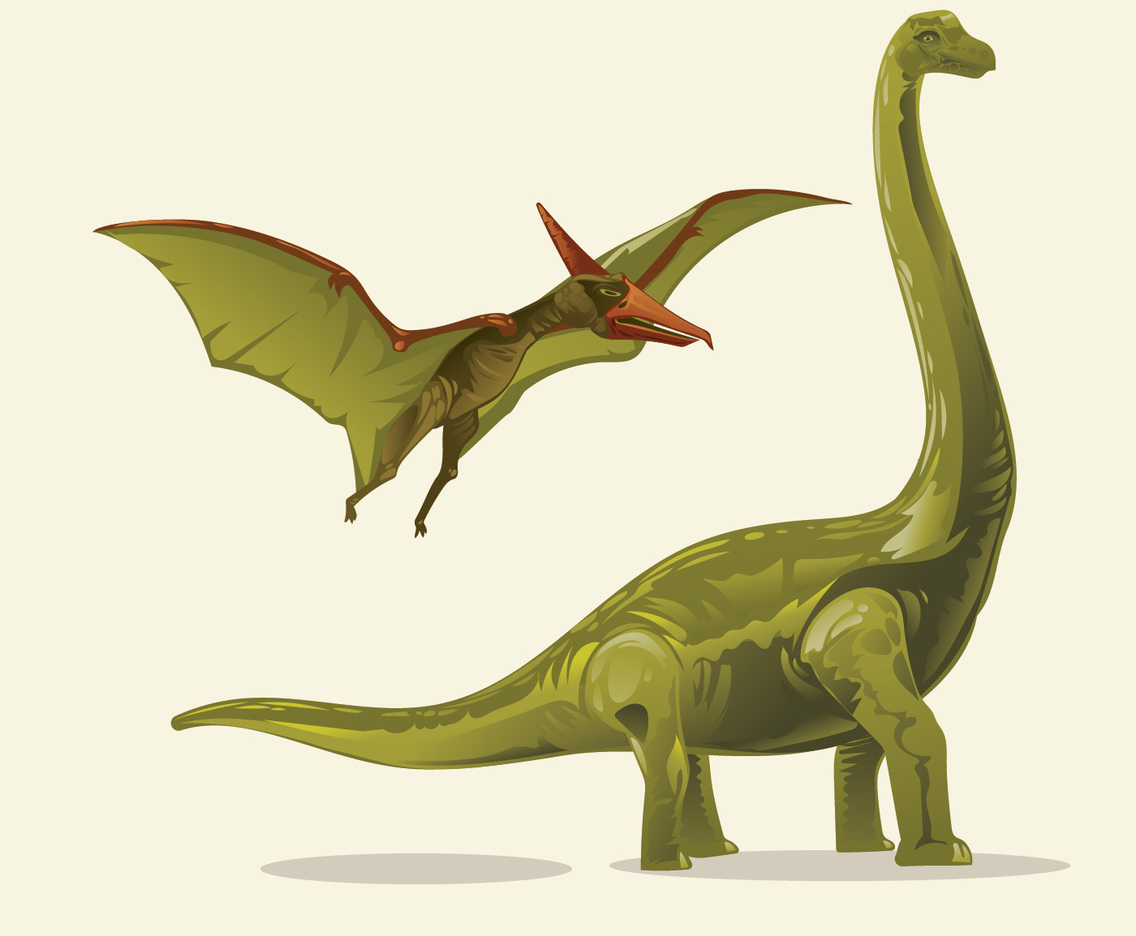 Dinosaurs realistic Illustration Brontosaurus and Pterodactyl