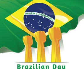 Celebrating Brazil Independence Day. Abstract Hands on Flag Background