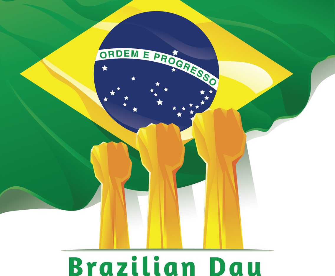 Celebrating Brazil Independence Day. Abstract Hands on Flag Background
