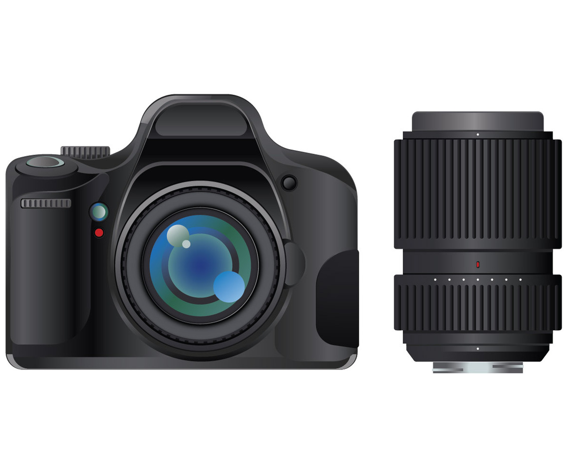 Modern Digital SLR Camera with Lens on White Background