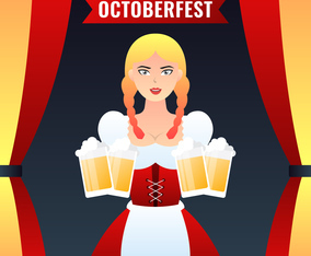 German Girl Waitress In Traditional Clothes Holding Yellow Beer Mugs Vector Colorful Illustration