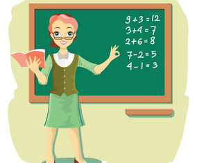 Teacher at Blackboard Explains Children Mathematics