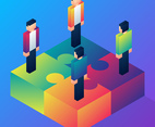 Isometric Business People Assembling Four Jigsaw Puzzles Teamwork Illustration