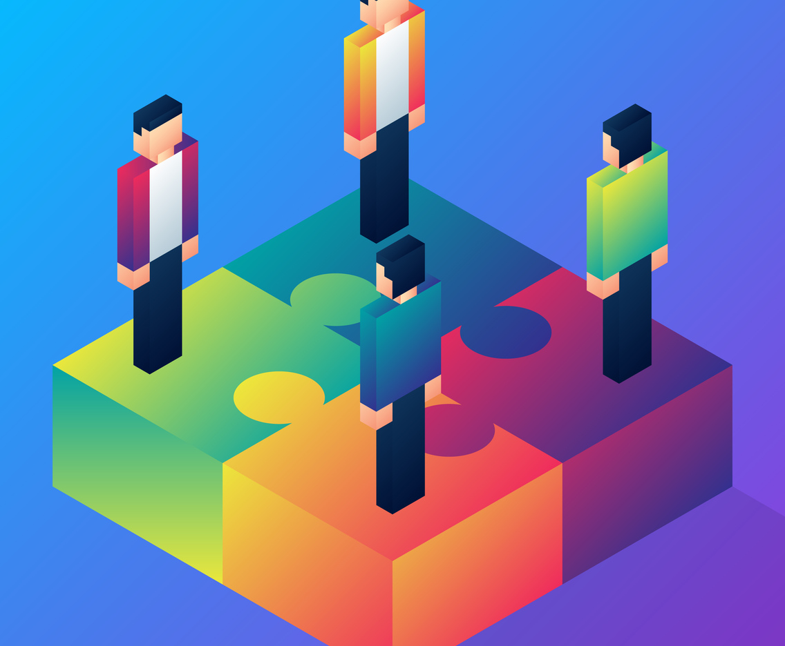 Isometric Business People Assembling Four Jigsaw Puzzles Teamwork Illustration