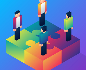 Isometric Business People Assembling Four Jigsaw Puzzles Teamwork Illustration